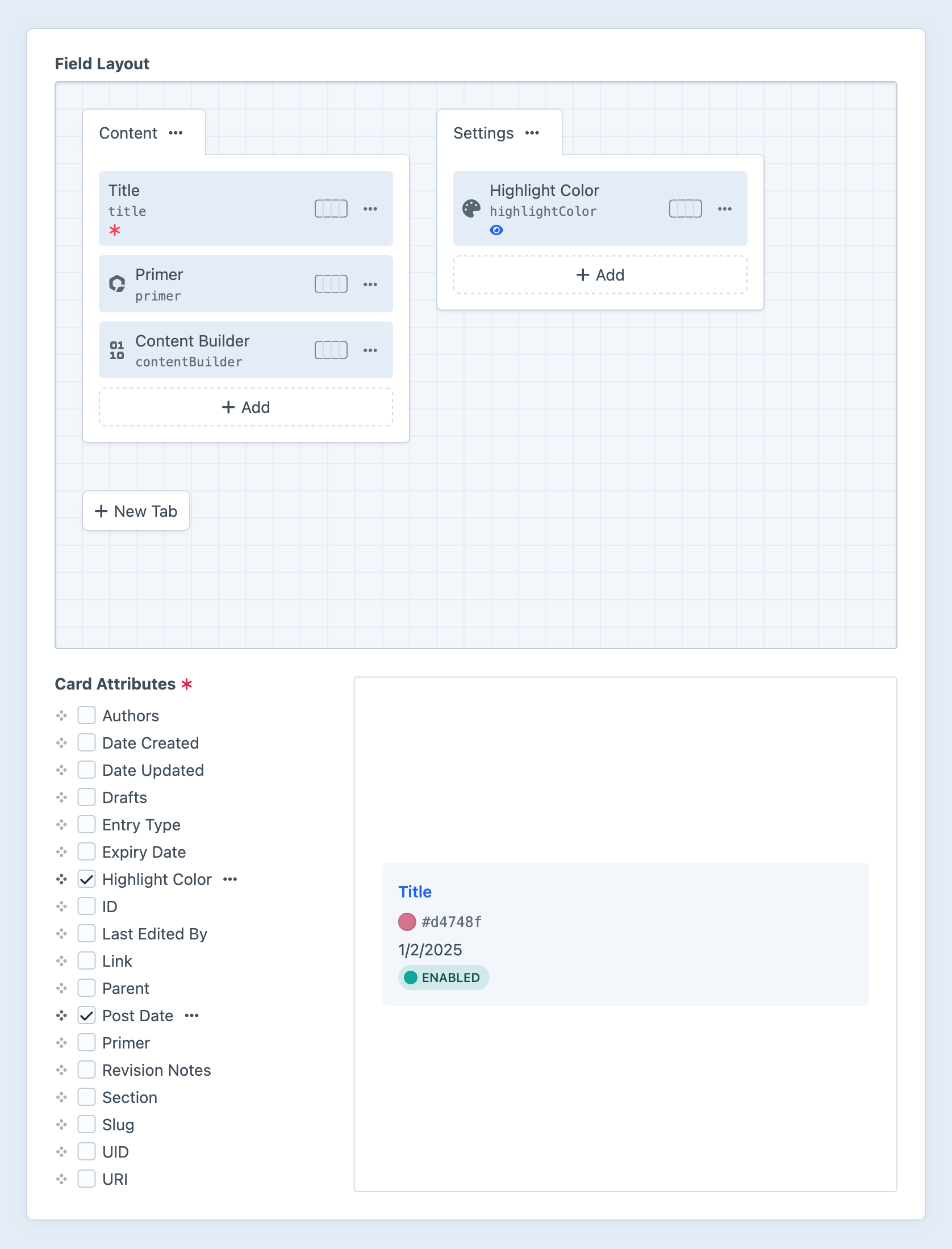 Screenshot of an entry’s field layout editor, with a Content tab containing three fields and a sidebar menu with “Fields” and “UI Elements” items that can be placed in the field layout