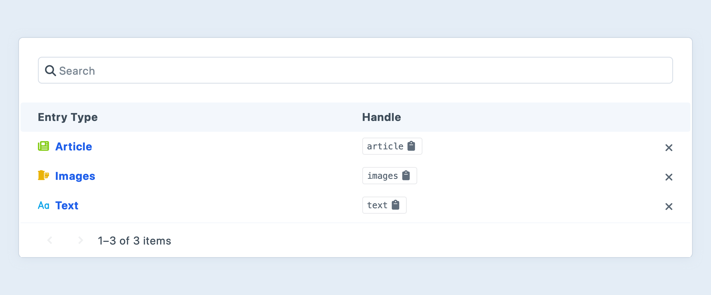 Example of a VueAdminTable component with URLs, icons, and icon colors defined in the response. VueAdminTable component example